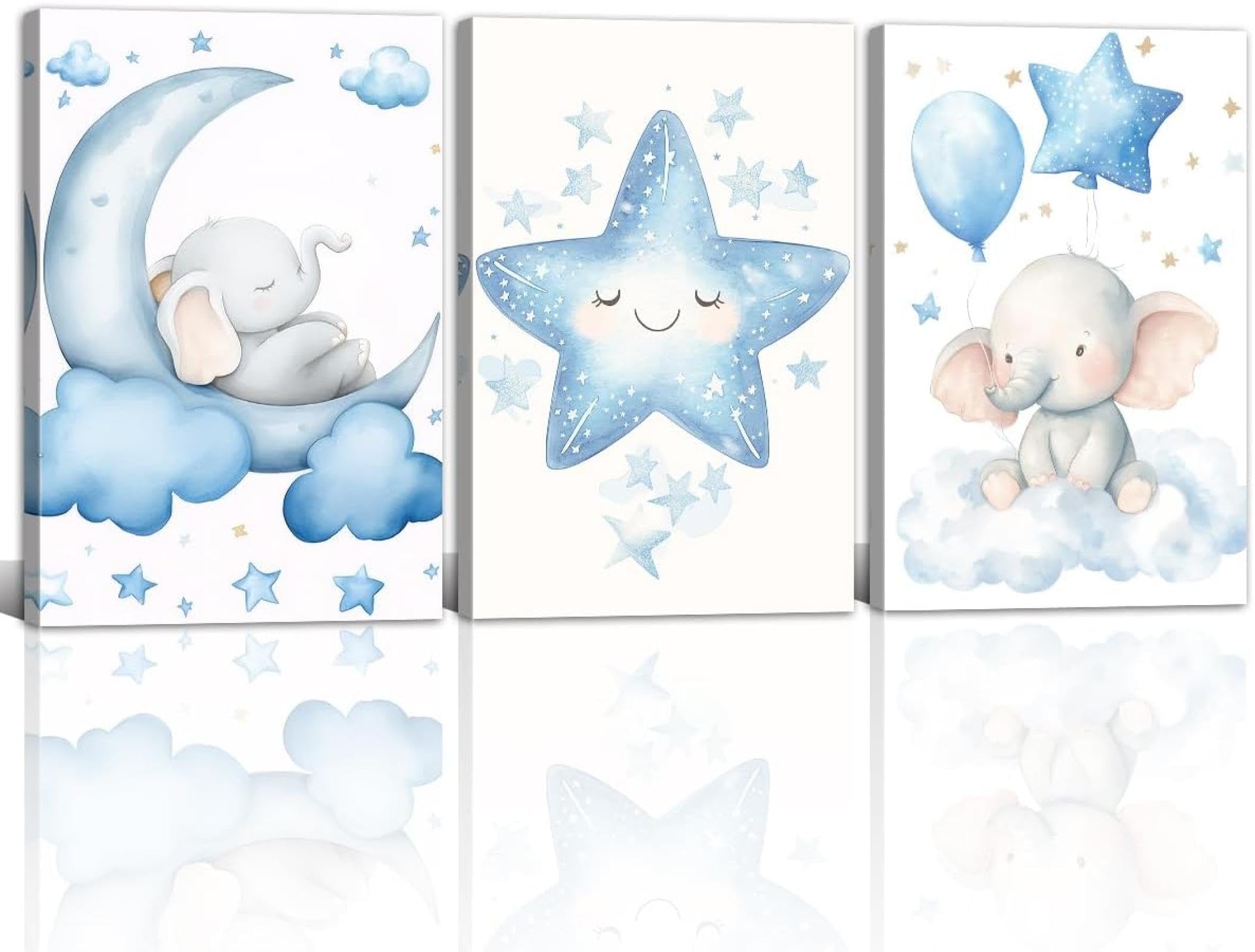 Décoration murale pour chambre d'enfant, bébé garçon, éléphant bleu, lune et étoiles, peinture imprimée, animal mignon, affiche sur toile pour décoration de chambre d'enfant, 50 x 70 cm, 3 cadres