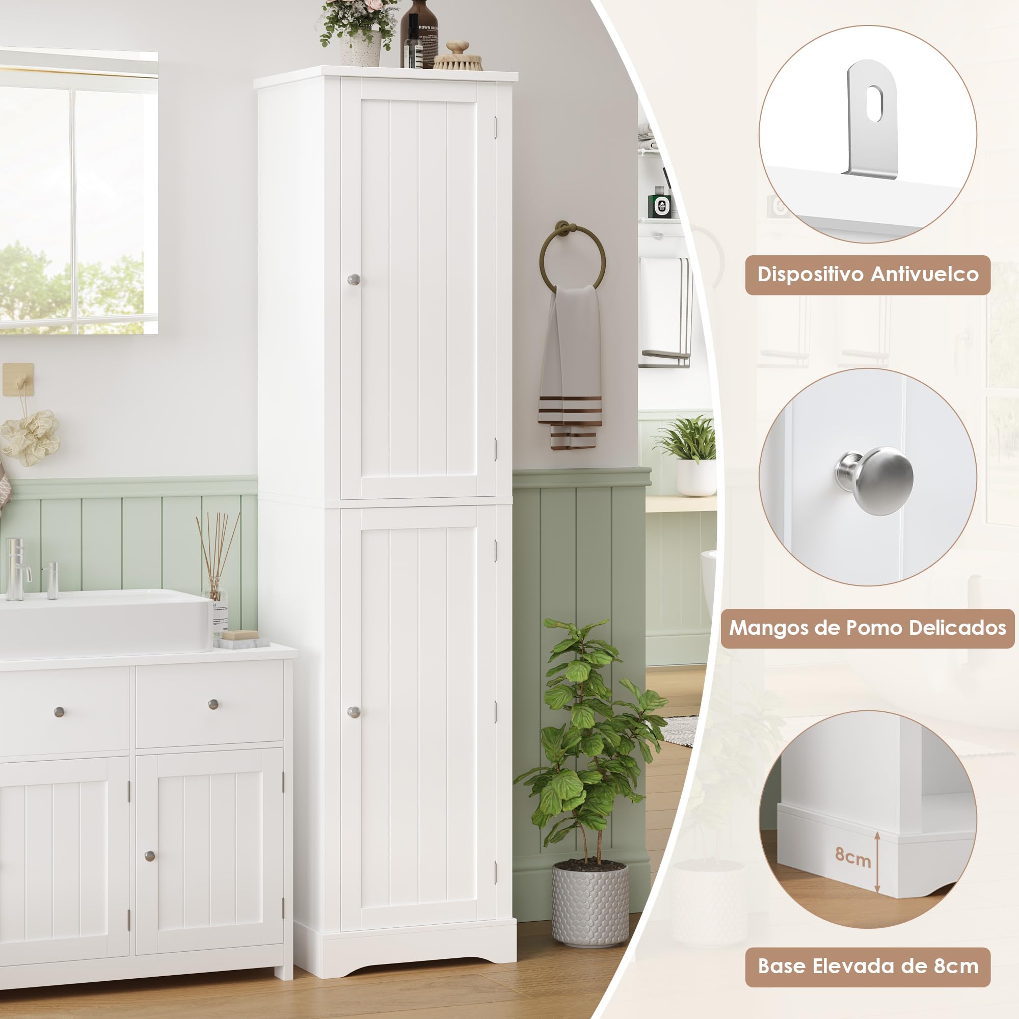 FOREHILL 180cm Mueble Baño, Armario Baño, Armario baño Columna, Alto y Estrecho, con 2 Puertas, Estantes Ajustables, Blanco, 40x30x180cm