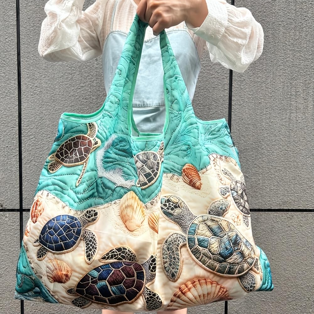 Large Portable Tote Bag for Women, Lightweight Foldable Shopping Bag for Travel, Shopping, Storage, Go-out(Memory Fabric, NOT Quilted) Sea Turtle