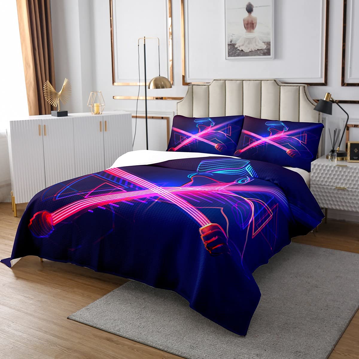 Gamer Trapuntato Copriletto Gaming Trapuntato Trapuntato Giovani Videogiochi Gamepad Coverlet Set Moderno Novità Chic Gradiente Neon Trapuntato Biancheria Da Letto Letto260x240cm