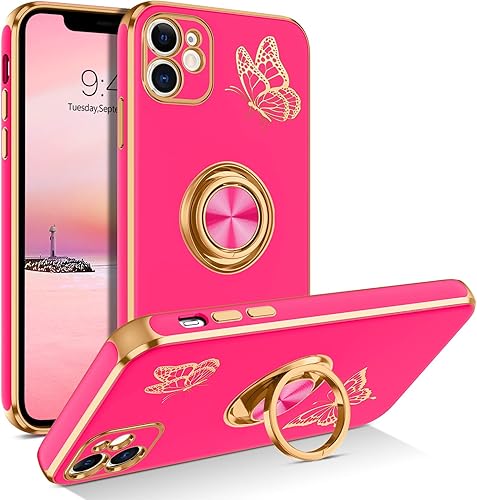 BENTOBEN Funda para iPhone 11, funda para teléfono iPhone 11 6.1, ajuste delgado, diseño de mariposa dorada, soporte de anillo de soporte,
