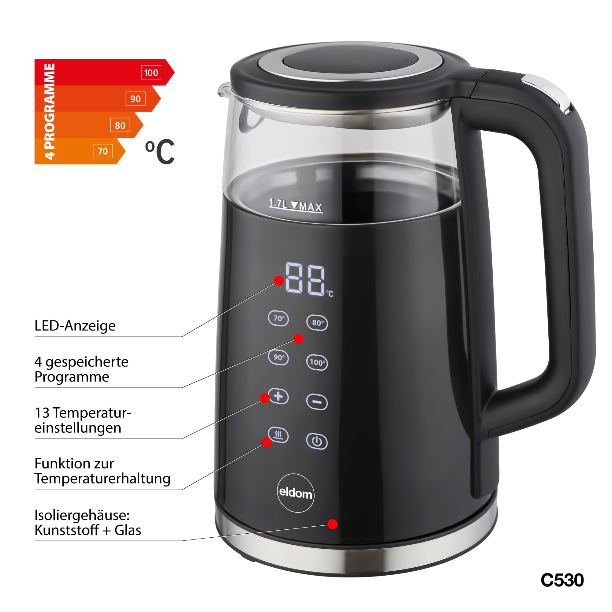 Bouilloire électrique C530, Sans fil, 1,7 L, Bouilloire en verre, Puissance 2200 W, Bouilloire avec maintien de la température 40°-95°C,Commande par écran tactile, Bouilloire à température contrôlée
