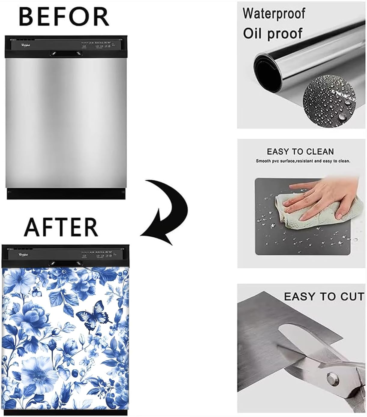 BVBOX Dishwasher Magnet Cover 23" W x 26" H, Reusable Magnetic Refrigerator Covers, Dishwasher Magnets Decorative Cover Fridge Door Skin Panel Stickers for Home Kitchen Appliance (Blue Butterfly)