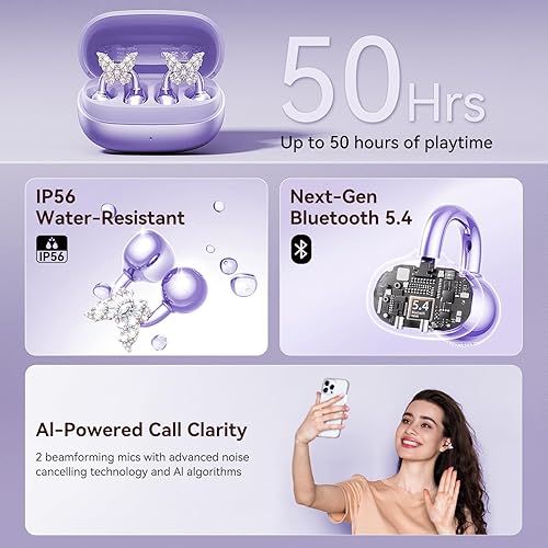 Miniatura 7 de Kinglucky Gen2 Auriculares de clip con aretes de mariposa, carga y almacenamiento sin quitar los aretes, ajuste cómodo y 50 horas de reproducción,
