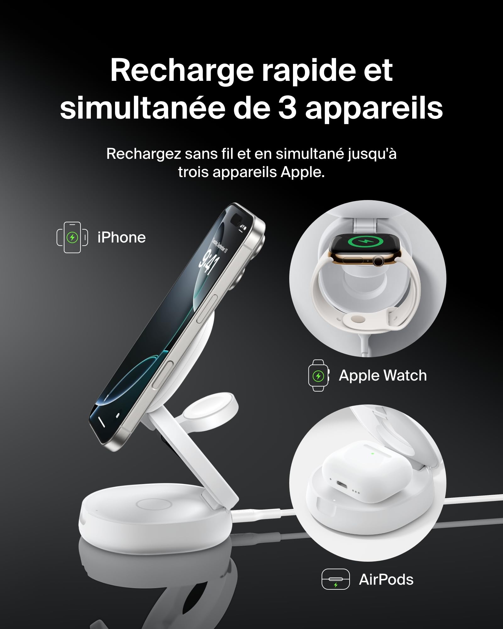 Belkin BoostCharge Station de Charge 3-en-1 Pliable, Chargeur Induction Compatible MagSafe, certifié Qi2, 15 W, pour iPhone 17, Air, Apple Watch, AirPods, Pixelsnap, Adaptateur 36W Inclus - Blanc