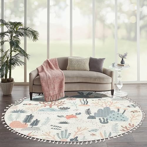 Alfombra redonda bohemia, vida marina, arrecife coral, cangrejo, algas marinas, sin costuras, colores pastel, alfombra de área marina, alfombra de
