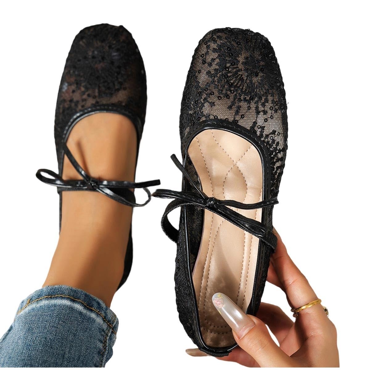 Women Sheer Lace Flats Bow Knot Strap Square Toe Mesh Ballerina Shoes Memory Foam Soft Comfy Vintage Embroidery Flats — view 6