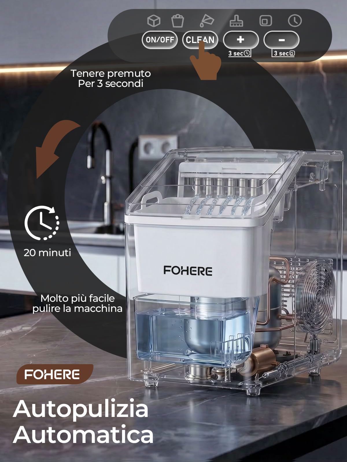 FOHERE Macchina per Ghiaccio Acciaio Inox, 24kg/24h, 24 Cubetti in 10-15 Min, Serbatoio 3,2L con Timer, Auto-pulizia e Sbrinamento, Doppio Riempimento, Silenziosa 35dB, Bar, Casa e Ristorazione