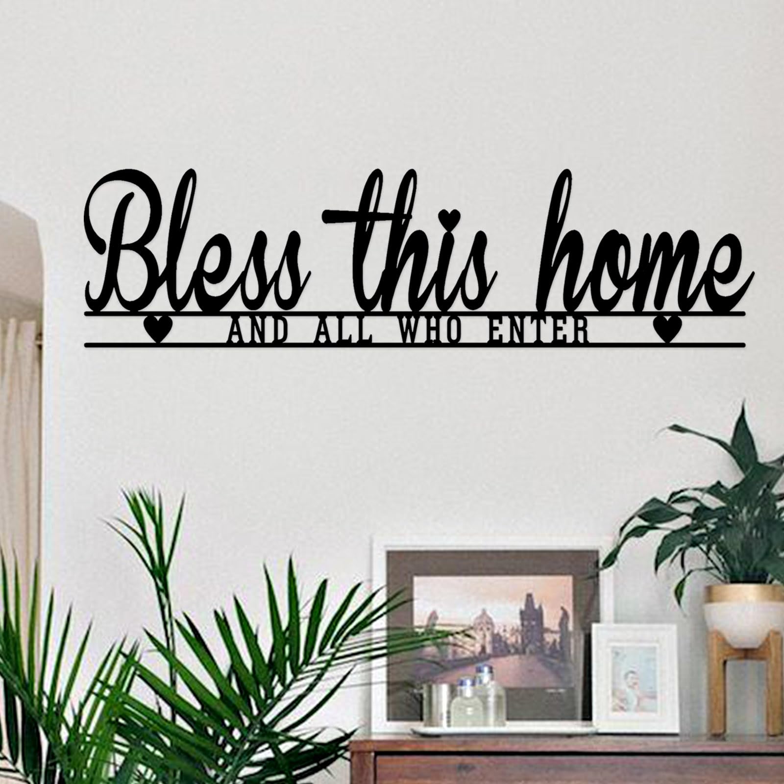 AHYS Bless This Home Wall Decor Rustic Metal Sign Christian Jesus Decorations for Farmhouse Home Living Room Kitchen Dining Room Decor -16.5"X4.4"