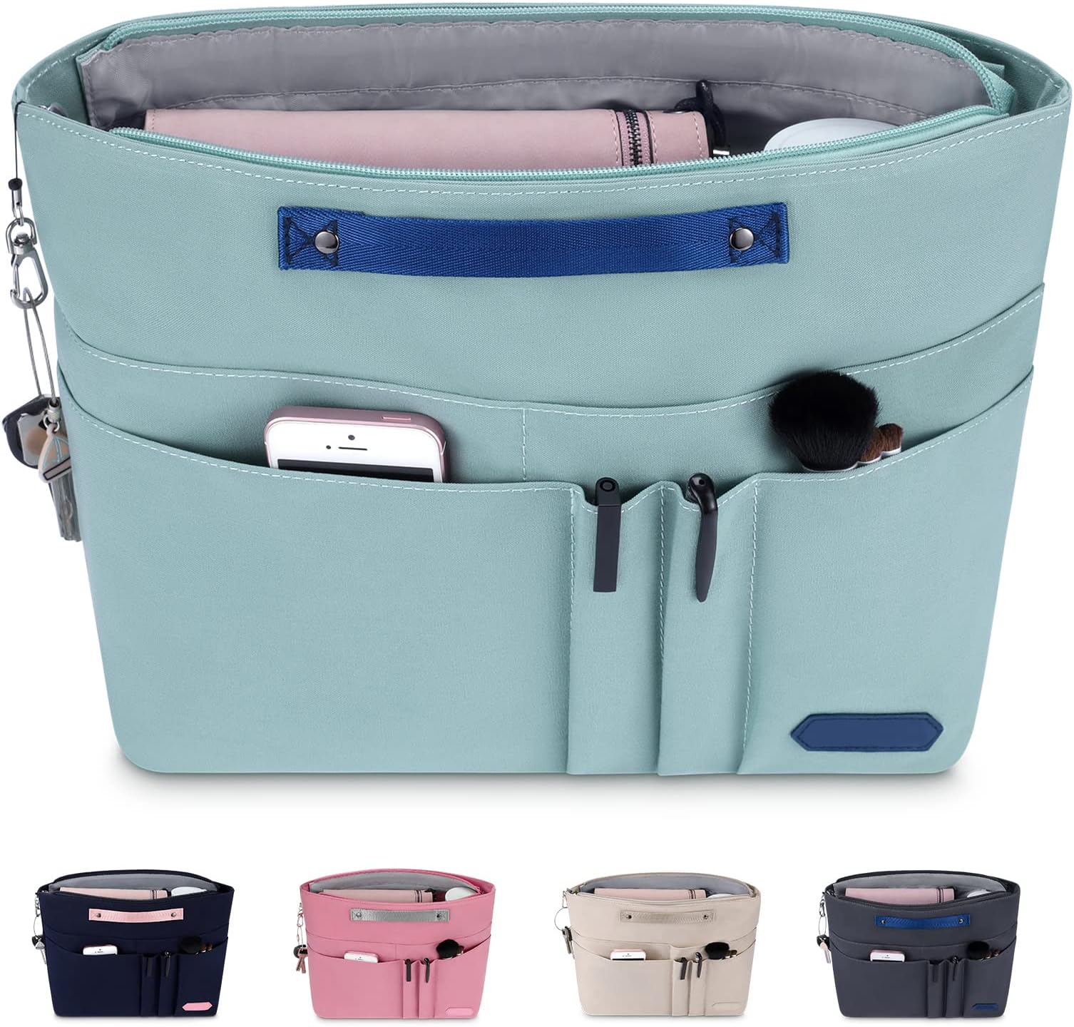 HyFanStr Purse Organizer Insert for Handbags,Tote Bag Organizer Insert Zipper Bag for Women, Handbag Organizer Inside Liner with 15 Pockets Green L