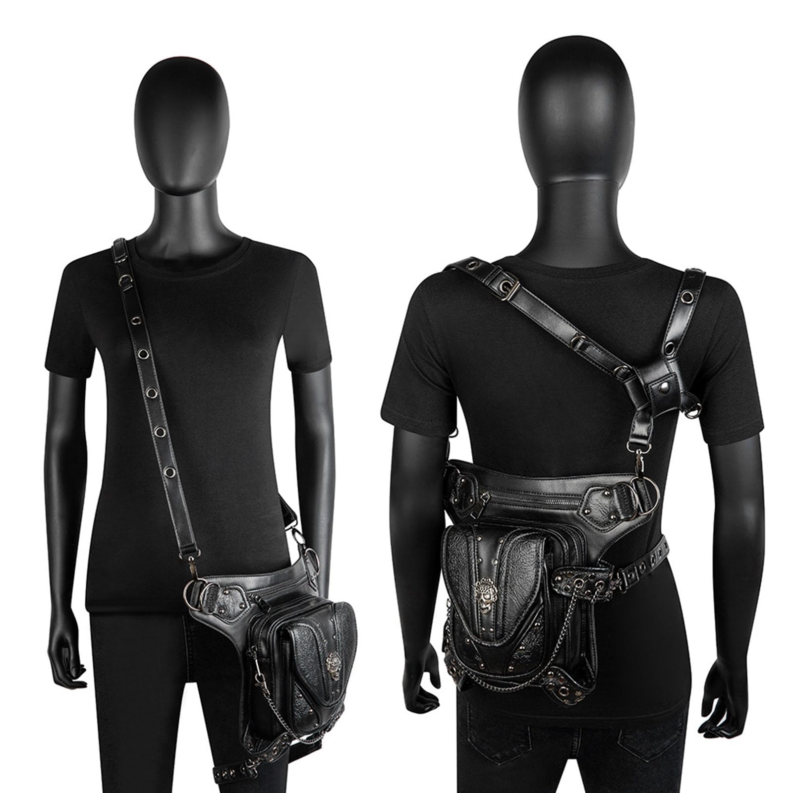 Steampunk - Riñonera para muslos y caderas, bolso gótico de poliuretano, bandolera, bolsa de cadena para senderismo