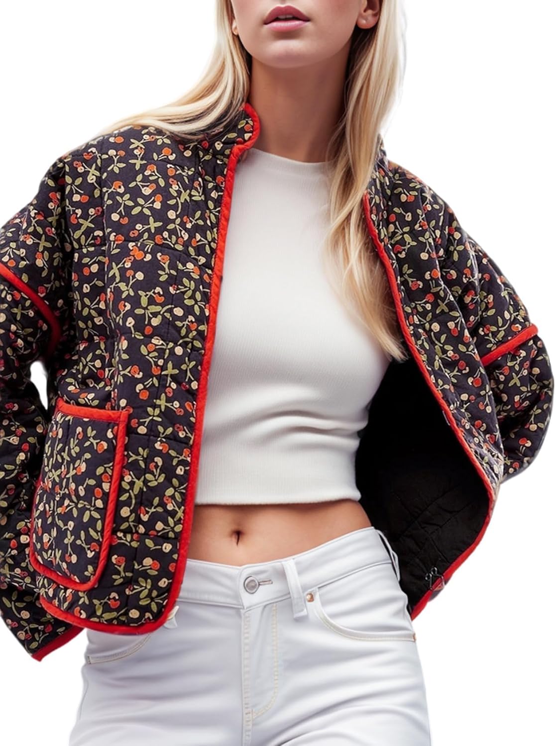 YKR Women's Cropped Puffer Jacket Floral Print Quilted Puffer Jackets Open Front Lightweight Short Jacket Trendy