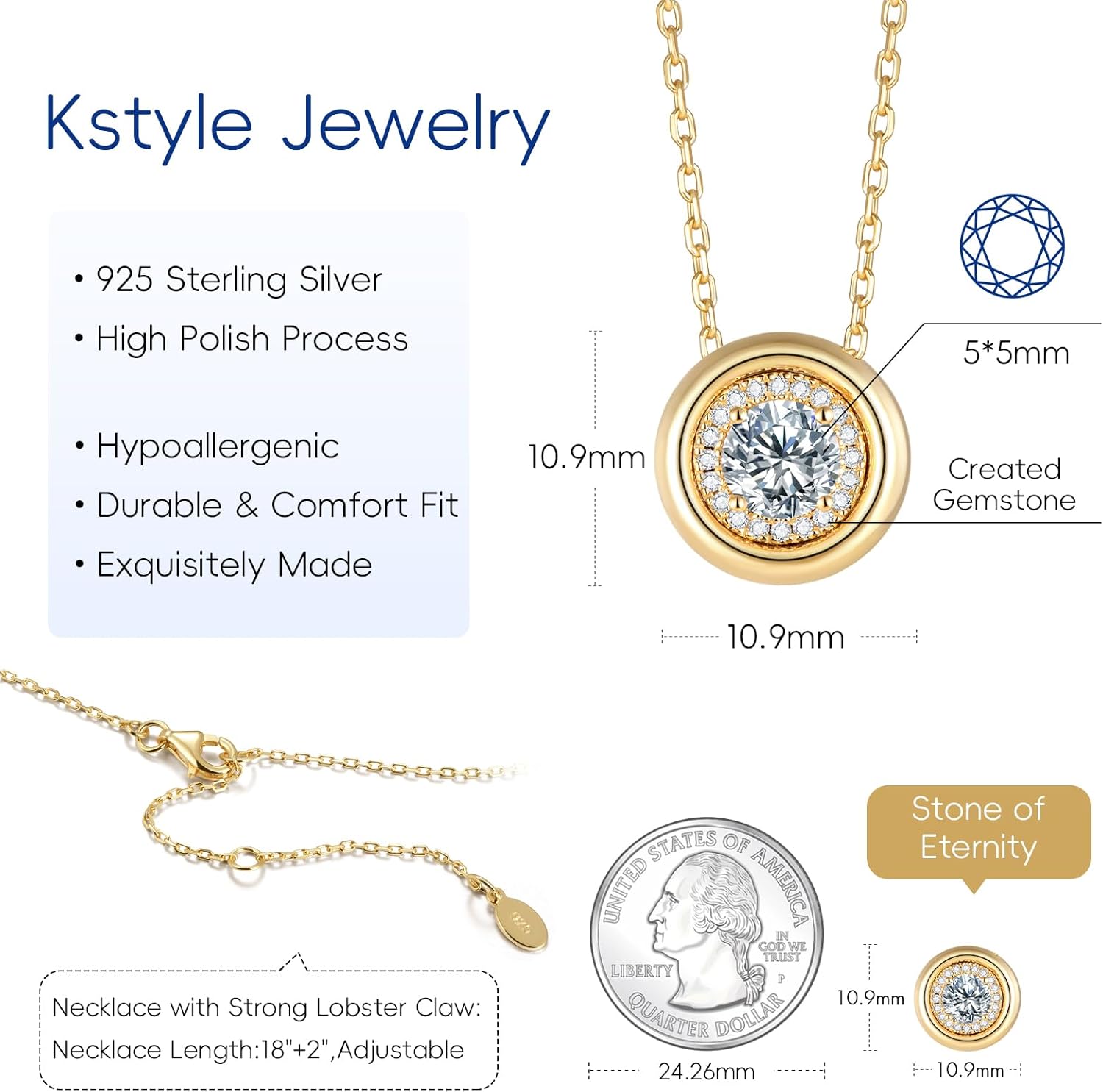 925 Sterling Silver 14K Gold Plated Birthstone Necklace for Women, Round Pendant Necklace, Dainty Gold Adjustable Chain Jewelry 18" + 2", Birthday Gift for Mom Wife Girlfriend