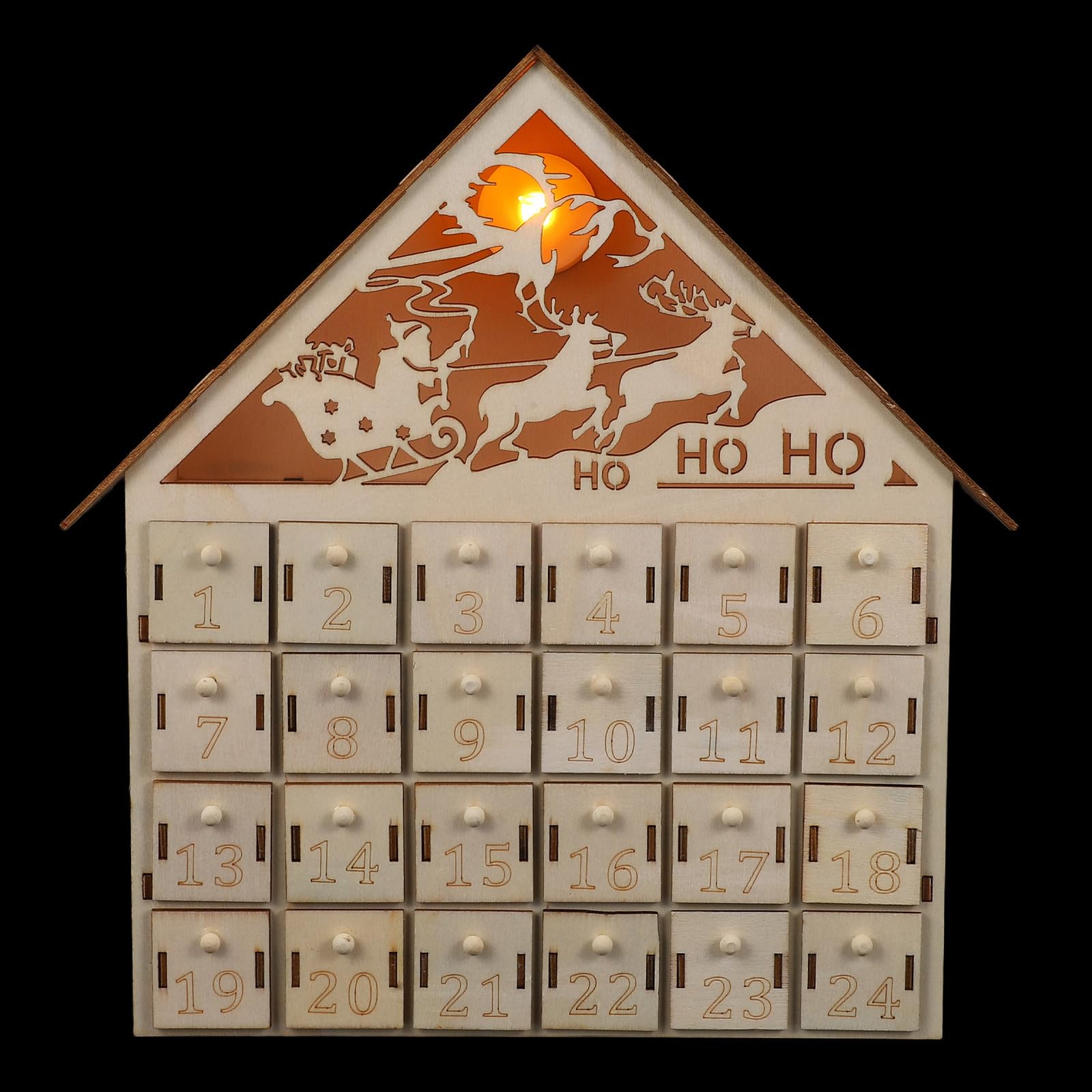 Baluue Calendario Avvento Natale 2026 in Legno 24 Cassetti Riutilizzabili Illuminato a LED Design Villaggio Rustico per Stufa Decorazione Festiva Naturale