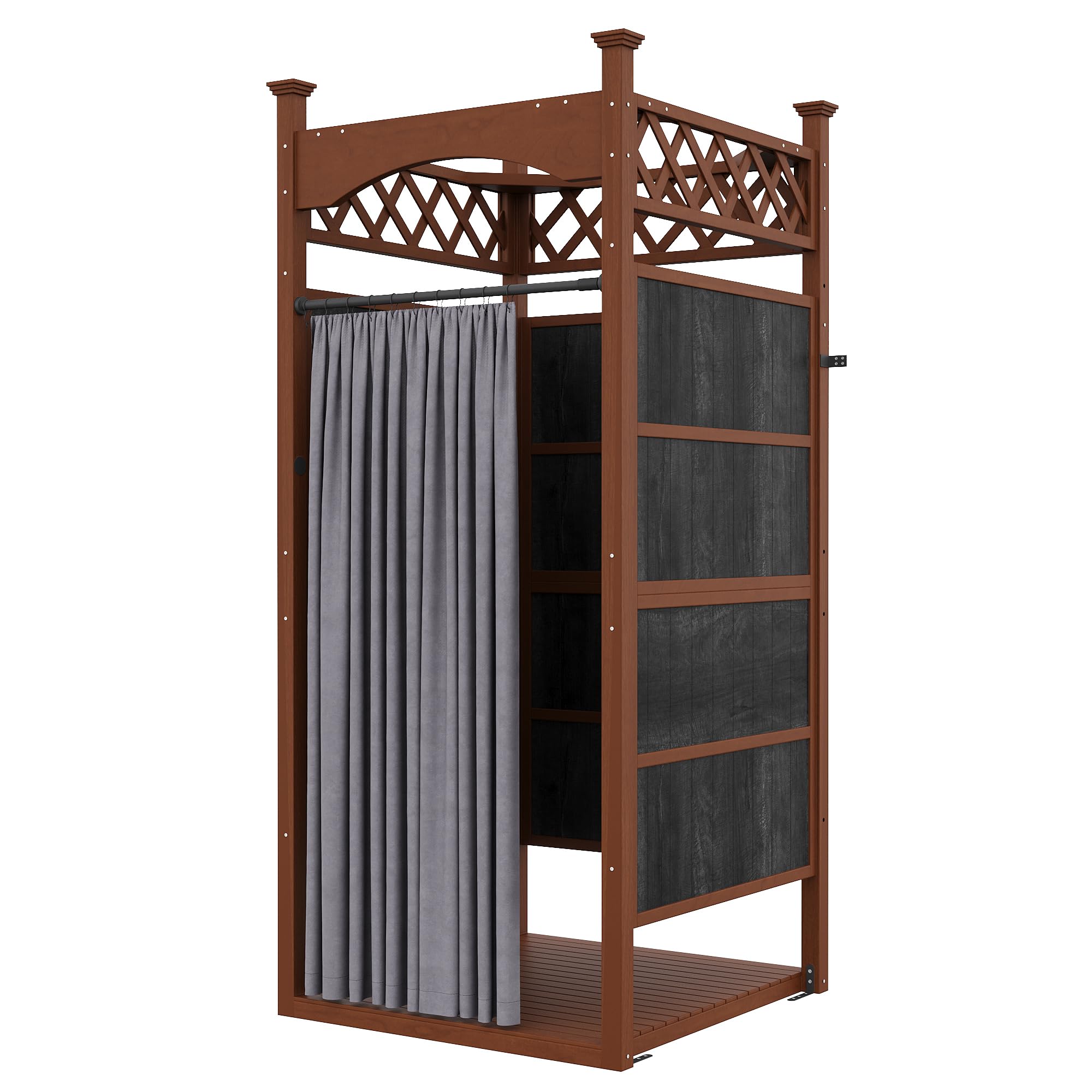 Gartendusche Outdoor Dusche aus Massivholz, Duschkabine & Umkleidekabine mit Duschvorhang & Bodenmatte, Sichtschutz für Pool & Garten, Wetterfeste Außendusche Holz
