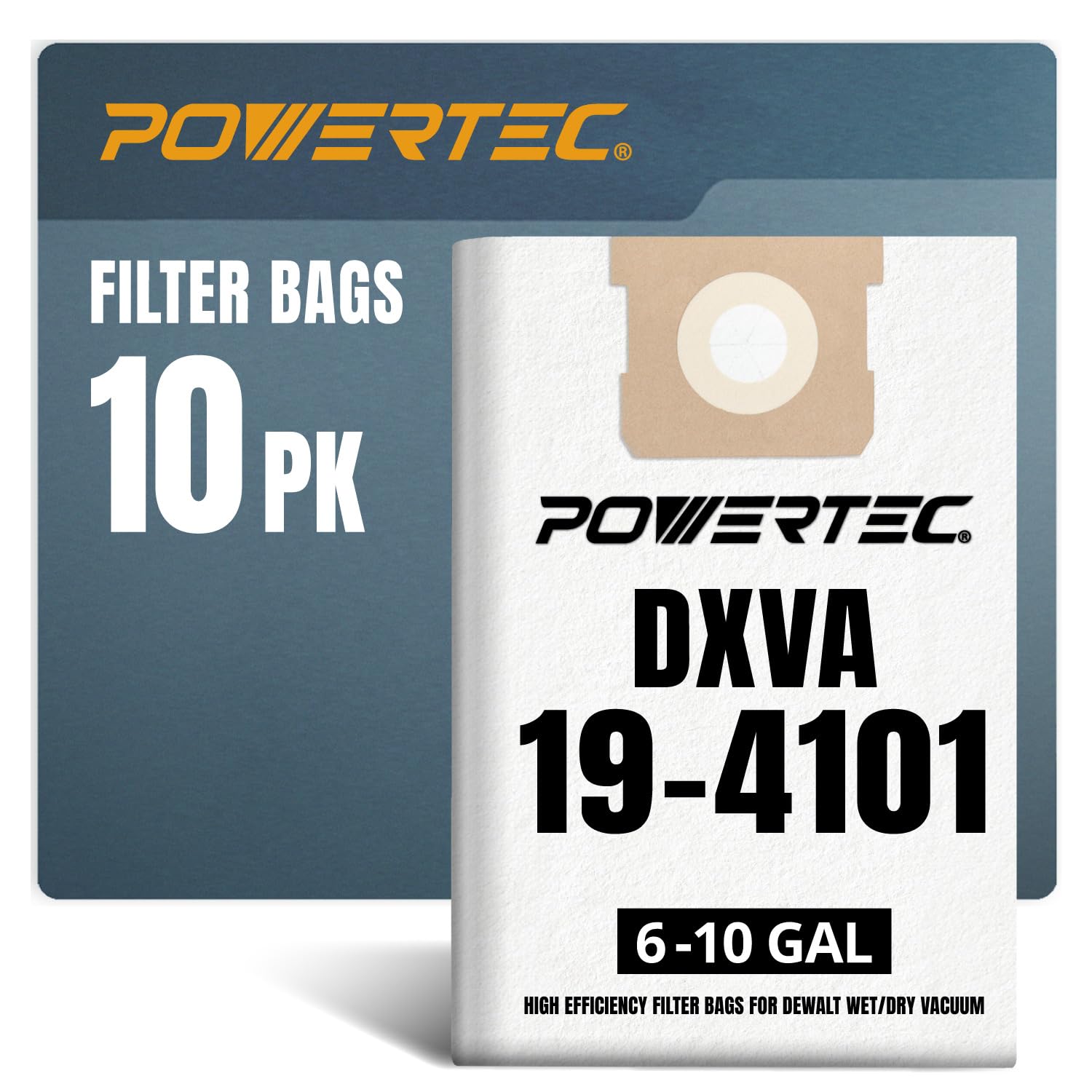 POWERTEC DXVA19-4101 Staubsaugerbeutel für Dewalt DXV06P, DXV09P, DXV10P 6-10 Gal Staubabsauger, Ersatz-Staubbeutel für Dewalt Wet Dry Shop Vacuum (75063-P2), 10 Stück