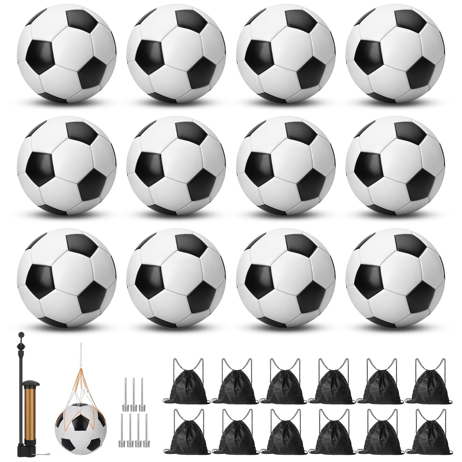 VZZNN Paquete de 12 balones de fútbol clásicos con bomba de fútbol y bolsa de malla. Mochila de fútbol clásica. Se puede utilizar como caja de zapatos de regalo y donación de caridad. Adecuado para