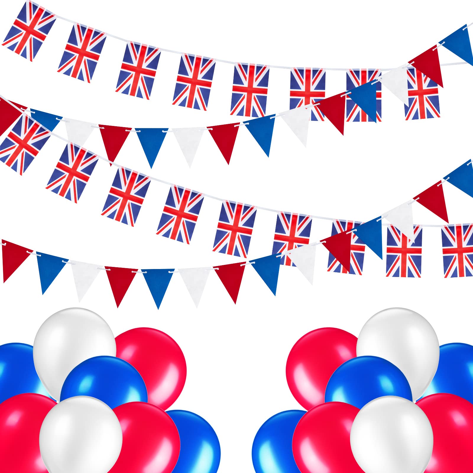 Union Jack Bunting Flags Set King Charles III Coronation Decorations 3 Red White and Blue Bunting Garland British Flag Banner 15 pcs 10 Inch Red Blue White Balloons, Sport Events National Events