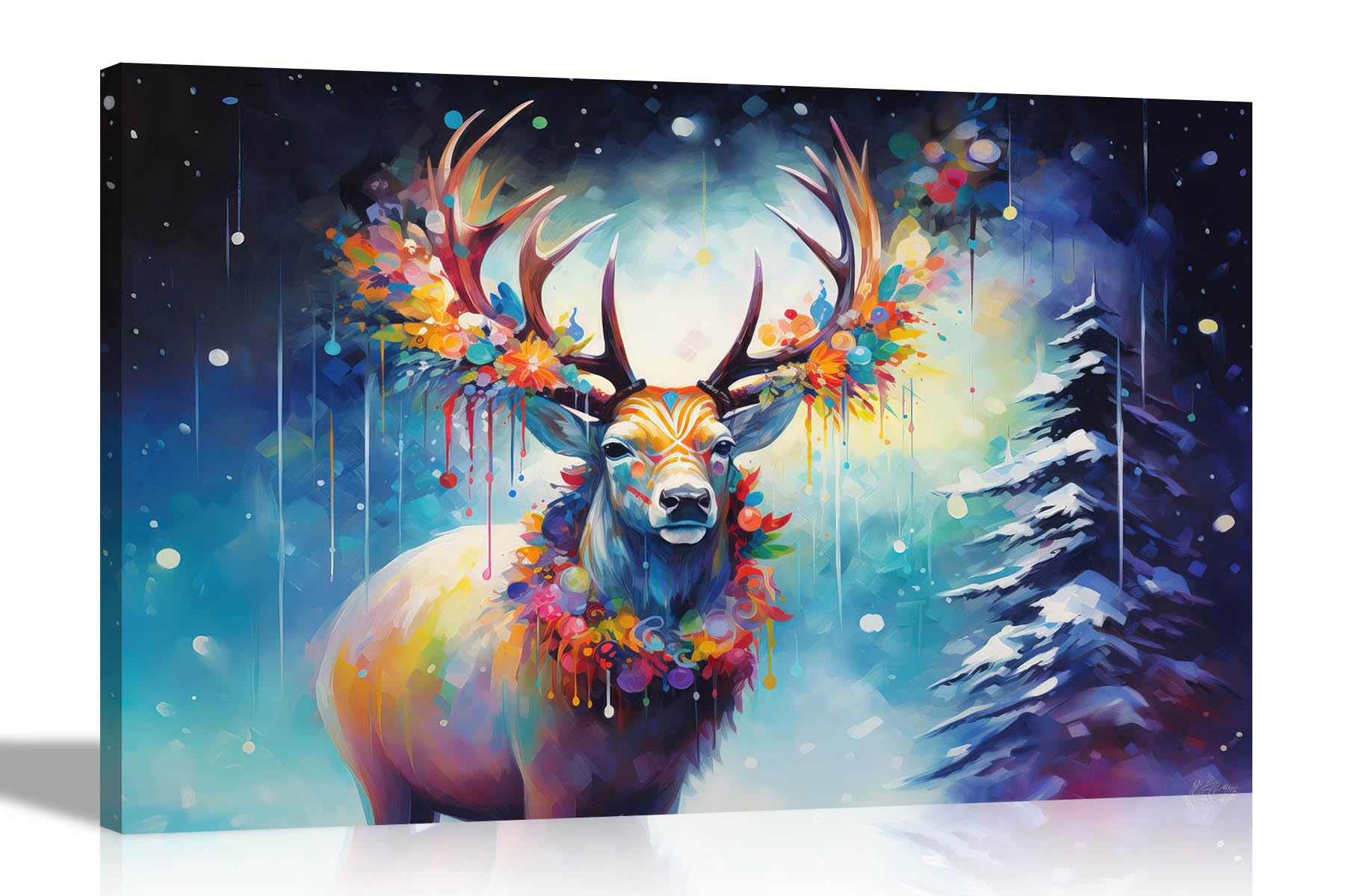 Artley Prints - Christmas Decoration Reindeer Canvas Wall Pictures Framed Art Prints for Hanging Colourful Animal Decor Large 86 x 61cm (34 x 24 inches) A1