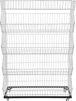 5-Tier Wire Display Rack 35.4"x17.7"x55.1" Ventilated Fruit & Veggie Stand with Slanted Baskets Locking Wheels for Supermarkets, Stores, Kitchens White