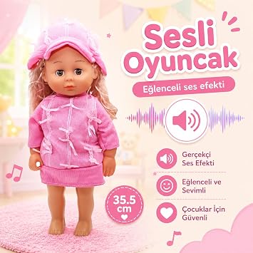 VARDEM 35,5 cm Sesli Ayakta Duran Bebek Oyuncak, 3 Asorti Kıyafetli Bebek, Konuşan/Sesli Oyuncak Bebek, Çocuklar İçin Evcilik ve Rol Yapma Oyuncağı LD68016A (PEMBE)