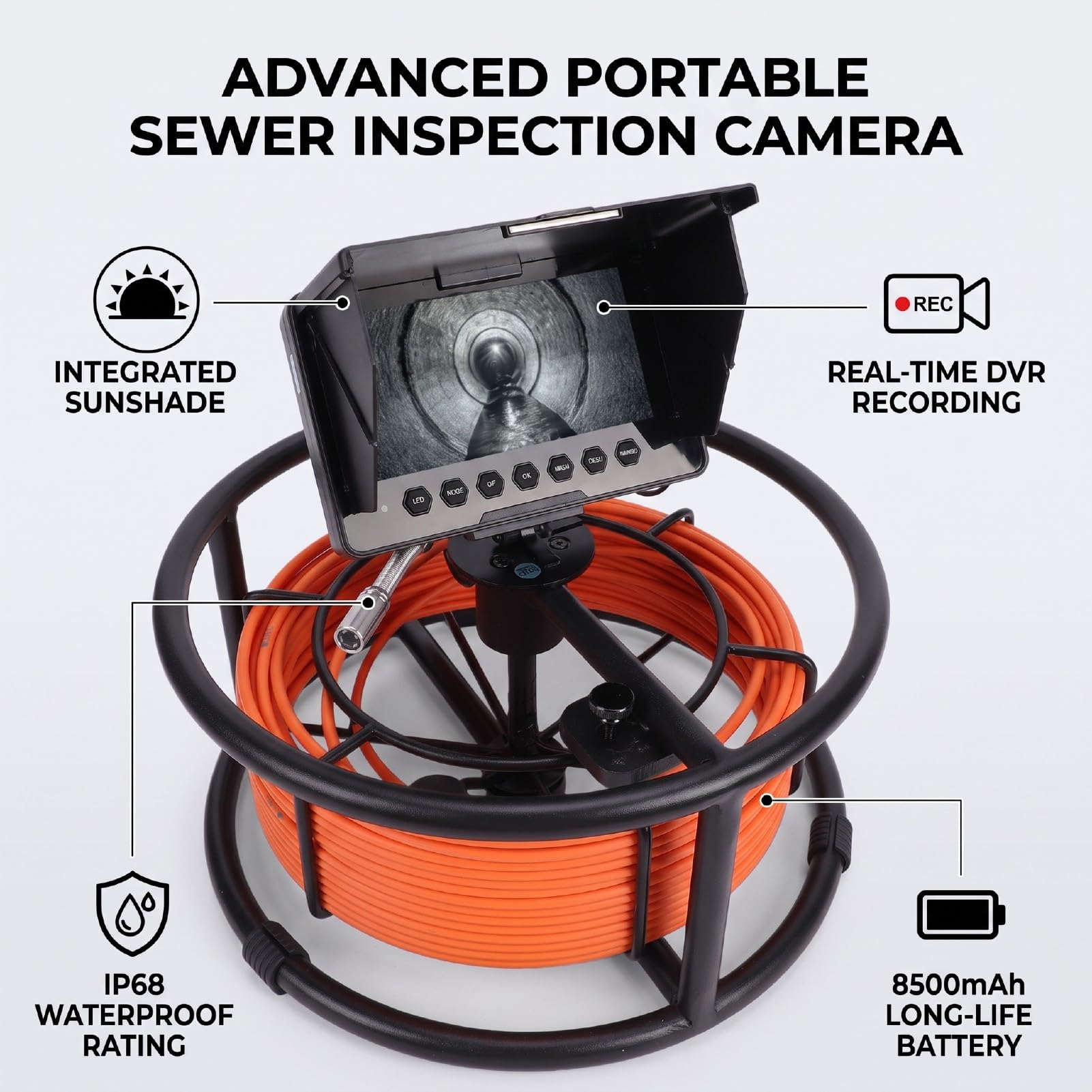 LICAEVEY Cámara de Inspección de Alcantarillado, Cámara de Inspección de Tuberías con Pantalla de 4,3 Pulgadas con Batería de 8500 MAh IP68 1000TVL, de Drenaje para Fontanería de Tuberías de Agua