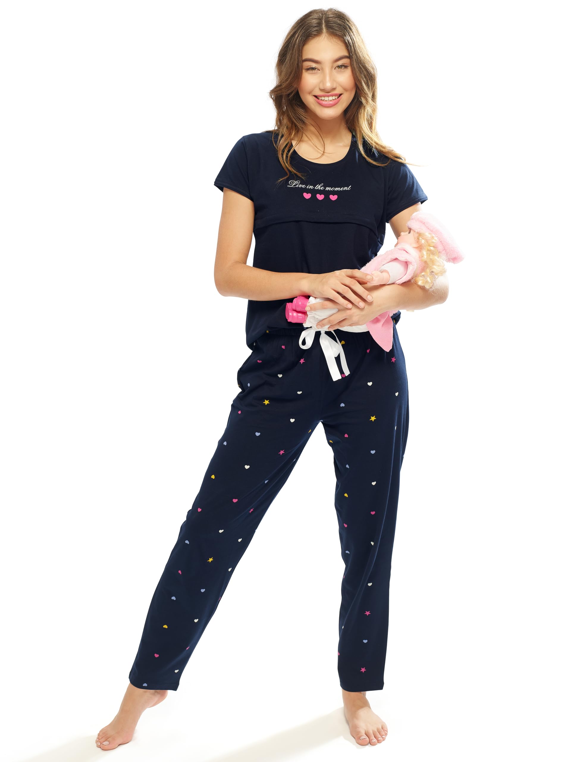 Women's Cotton Heart & Star Printed Top & Pajama Set Half Sleeve Feeding Nightsuit Set-image-25