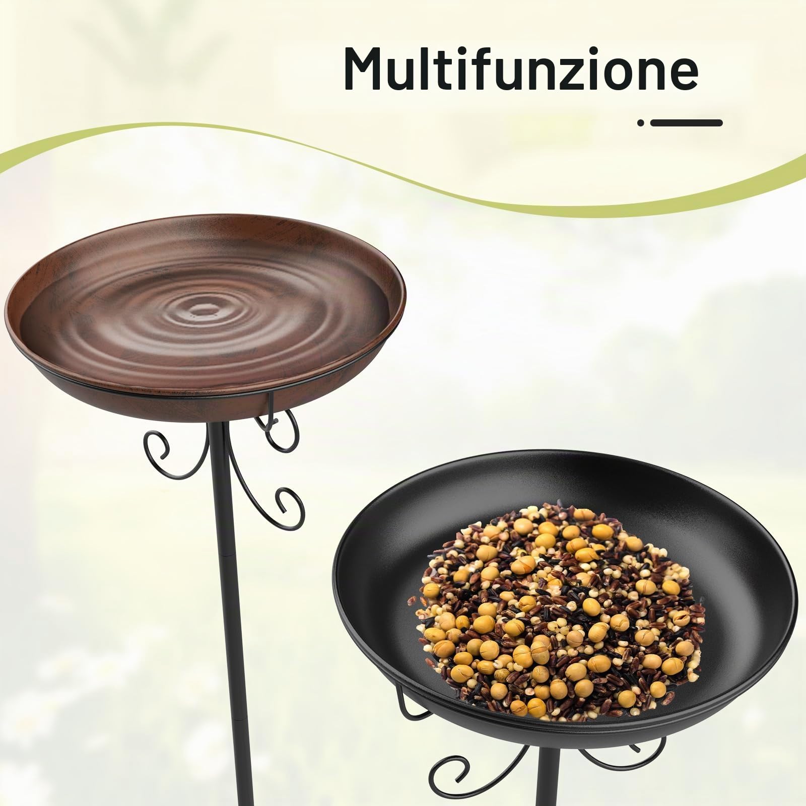 EFUTURETIME Abbeveratoio Grande in Metallo per Uccelli Con Supporto φ 30 × 90 cm Vaschetta per Uccelli Vassoio Regolabile in Altezza per Giardino Esterno Balcone, Colore Bronzo