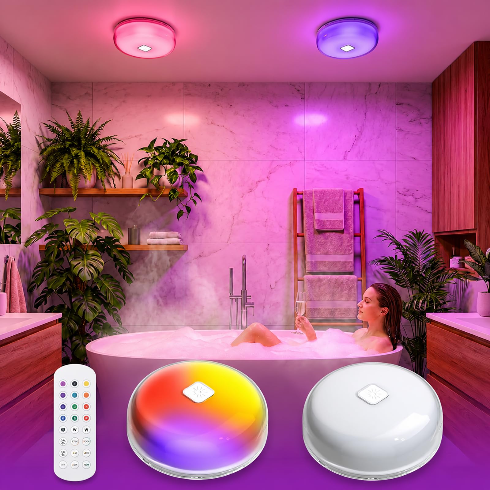 Photo 1 of 2-Pack LED Rechargeable Ceiling Lights Bulbs Inside Shower Bathroom Decor Lamp Magnetic Waterproof Mood Wall Lighting Wireless Ambient Closet Light with Remote Battery Operated Bath Stair Indoor