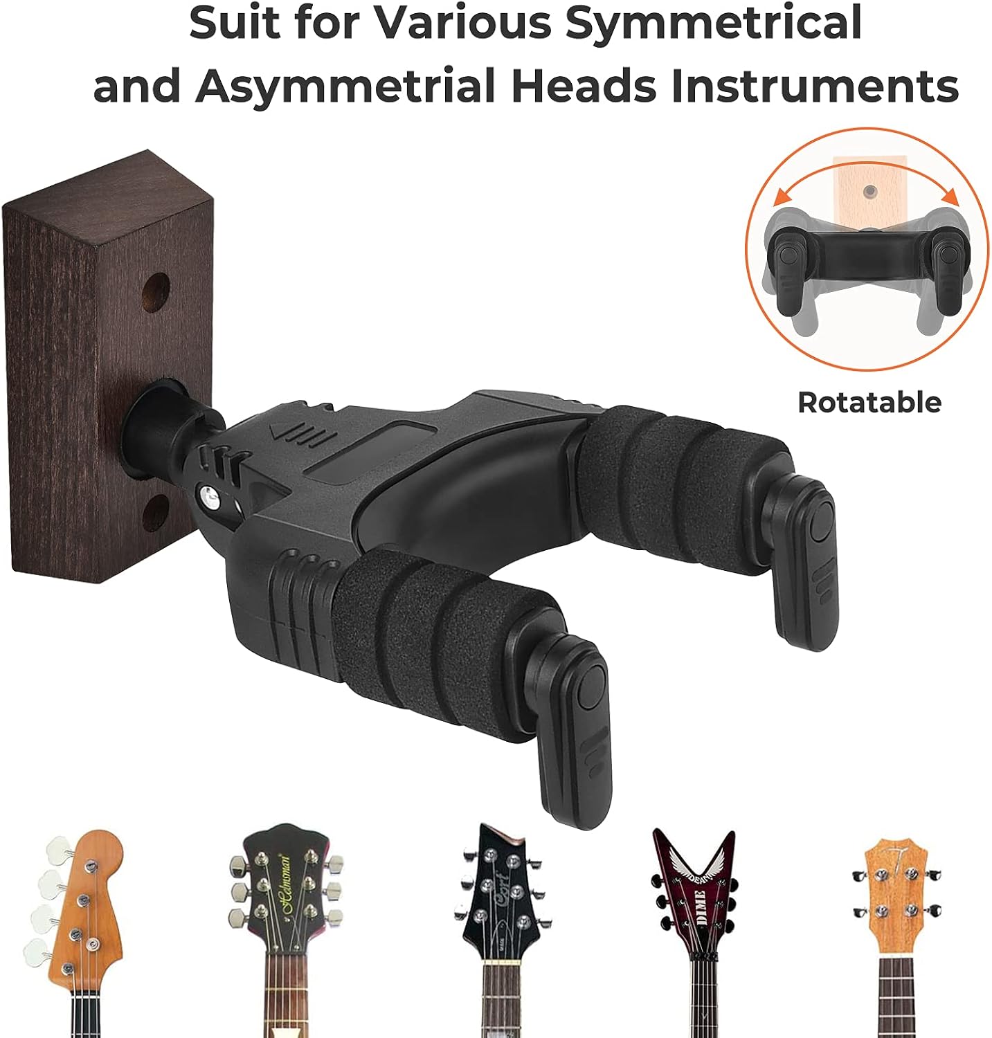 LEKATO Guitar Wall Mount Hanger, Auto Lock and Adjustable Hook Guitar Wall Hanger with Hard Wood Base for Guitar, Ukulele, Bass, Banjo and Mandolin, Base Guitar Hanger for Instrument Display(1 Pack)