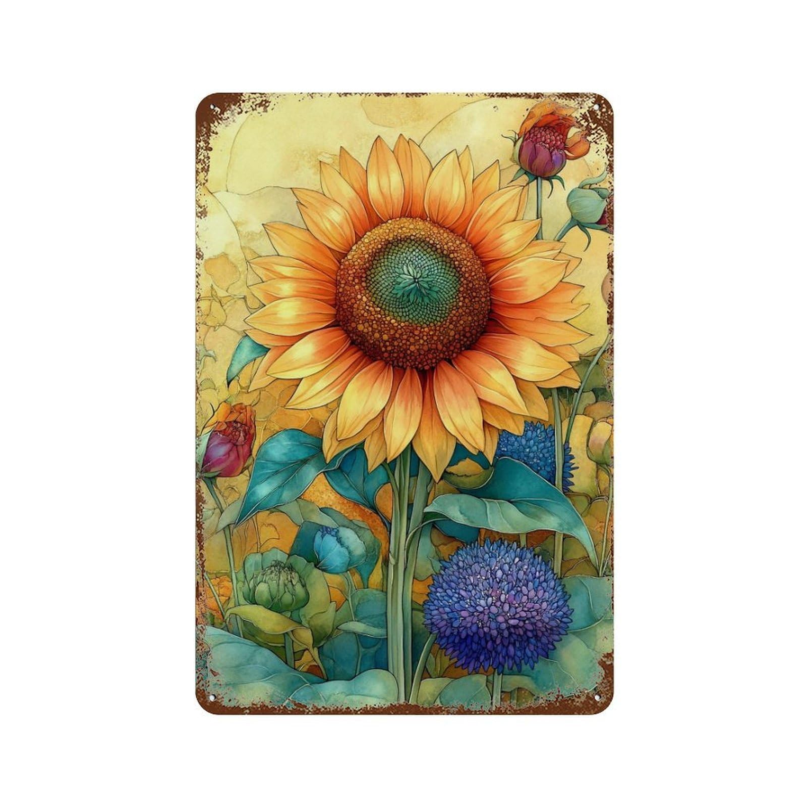 Vintage Rust Metal Sign with Sunflower Garden Art Print-2 Design 11.8"x7.9", for Shed, Workshop And Garage Wall Decor, Retro Wall Decor