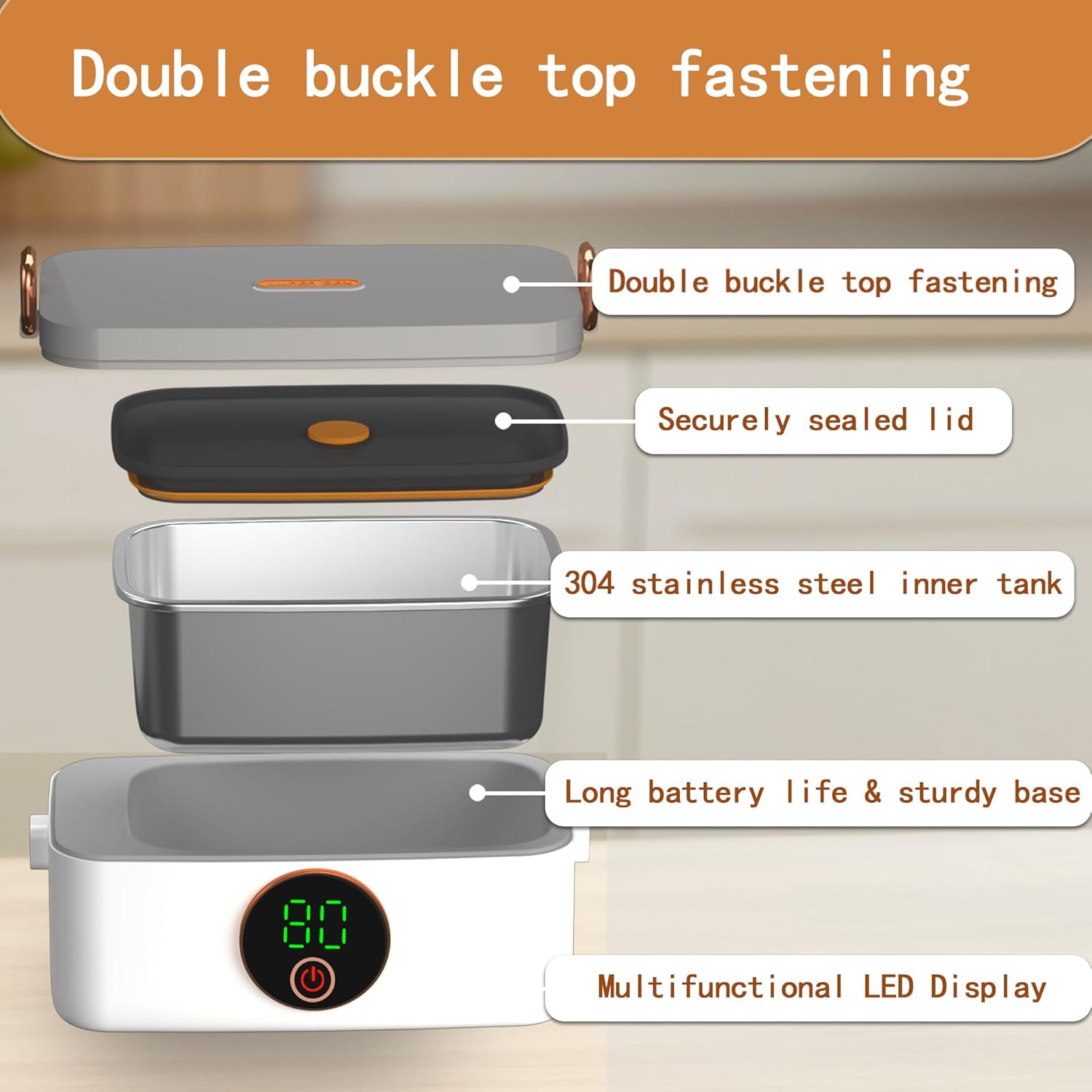 Portable Cordless Electric Heated Lunch Box for Adults,Heating Food Warmer Lunch Box,Rechargeable 16000mAh Battery,1000ml Capacity Inner Container,Lunchbox for Travel,Outdoor,Picnic,Office