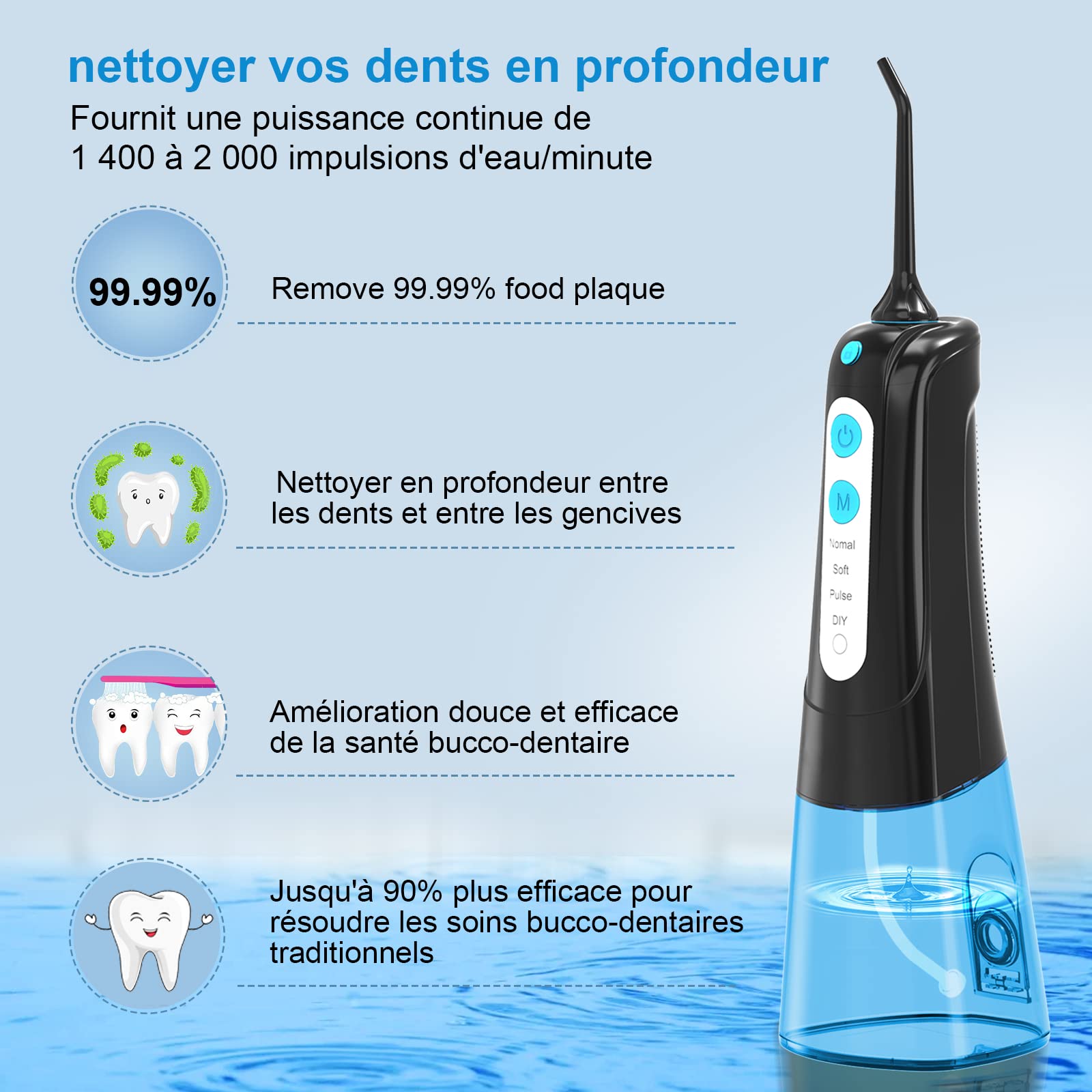 Image secondaire de Jet Dentaire Hydropulseur SURFOU avec 4 Modes et 4 Embouts - Étanche et Rechargeable