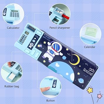 Pop Up Multifunction Pencil Case, Compartment Pencil Case Cute Cartoon Pen Box Organizer Stationery with Calculators, Sharpener, Schedule, School Supplies (Blue)