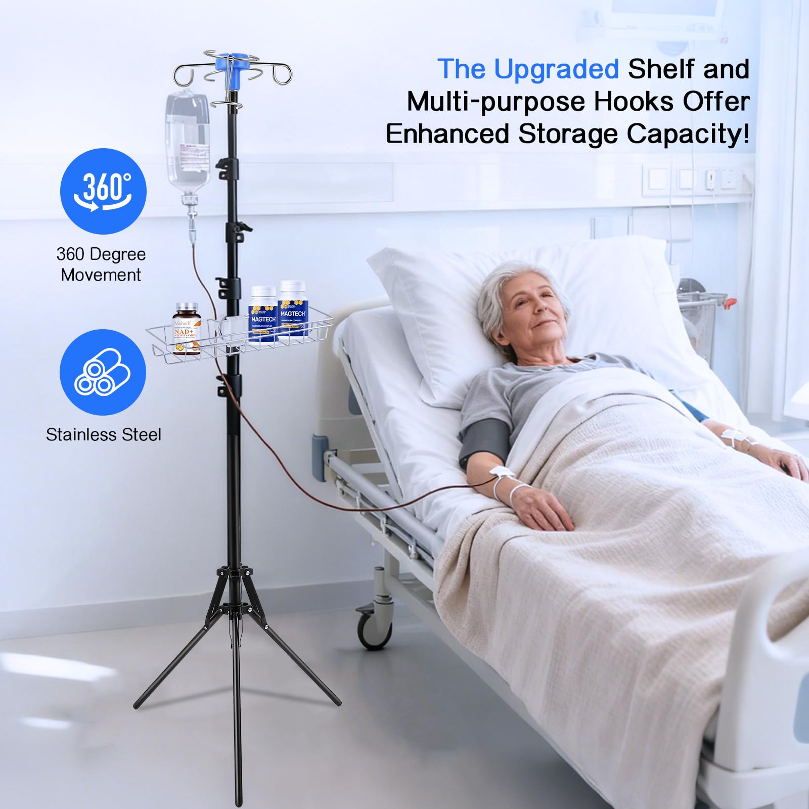 Klappbarer Infusionsständer höhenverstellbar bis 190cm – Mobiler IV-Ständer mit 4 Haken, 3 Netzbeuteln, Ablagekorb & Tragetasche, Rollen mit Bremse für Krankenhaus und häusliche Pflege