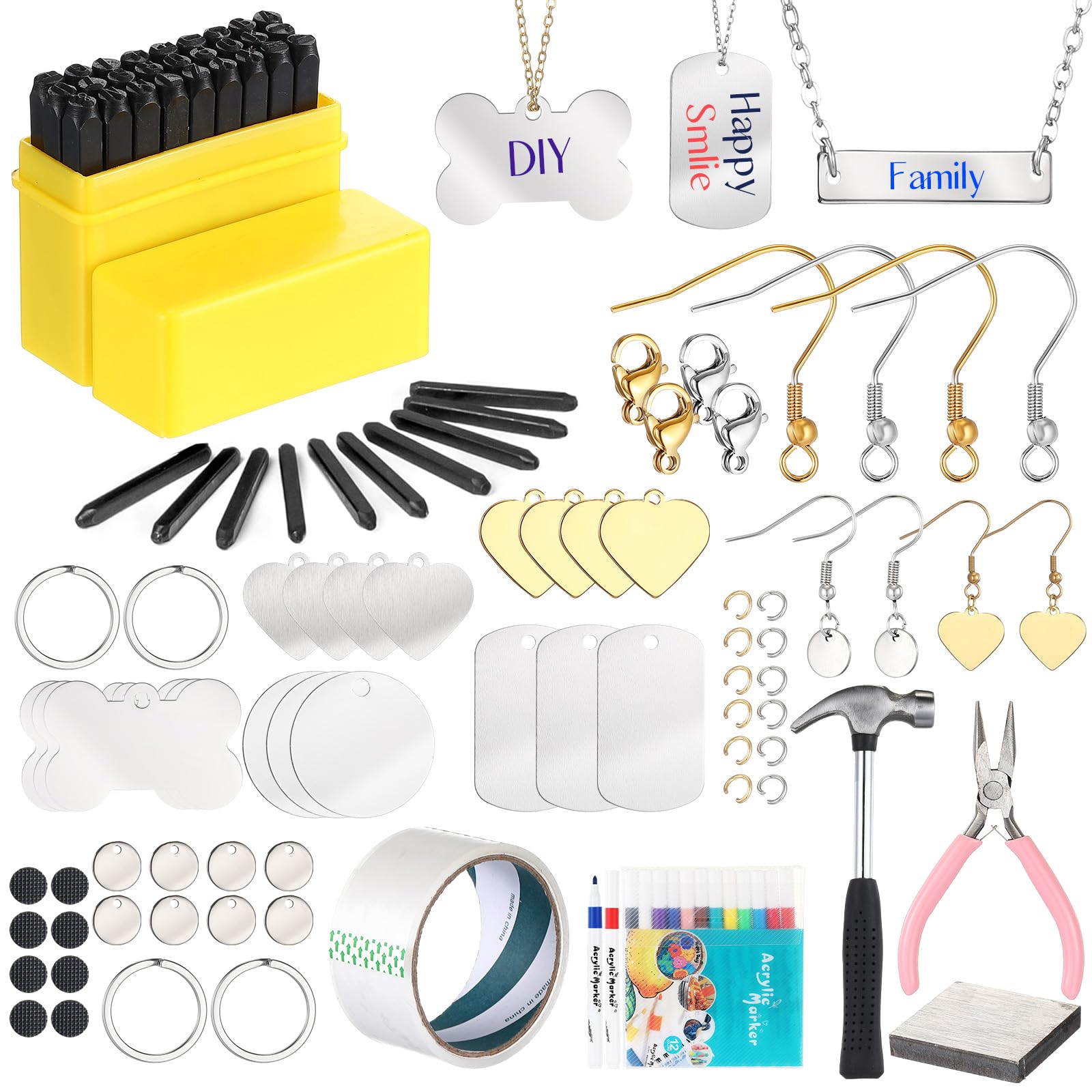 RoundFunny 214 Pcs Jewelry Making Kit for Women Metal Stamping Kit for Jewelry Making Tools Beads and Charms O Chain Findings for Women Men Adults