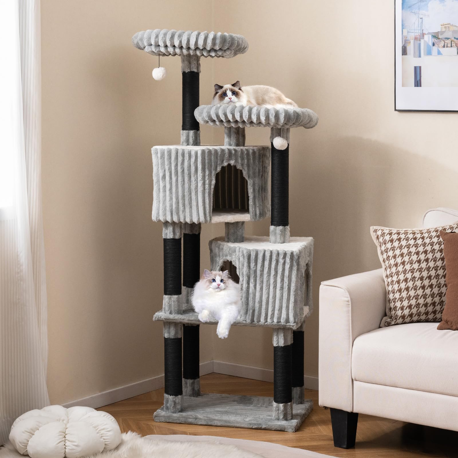 GOPLUS Árbol Rascador para Gatos de Varios Niveles, Torre para Gatitos de Interior con 2 Camas, 2 Posaderos, Postes Rascadores y Superficie de Peluche, Centro de Actividades para Gatos con 2 Pompones