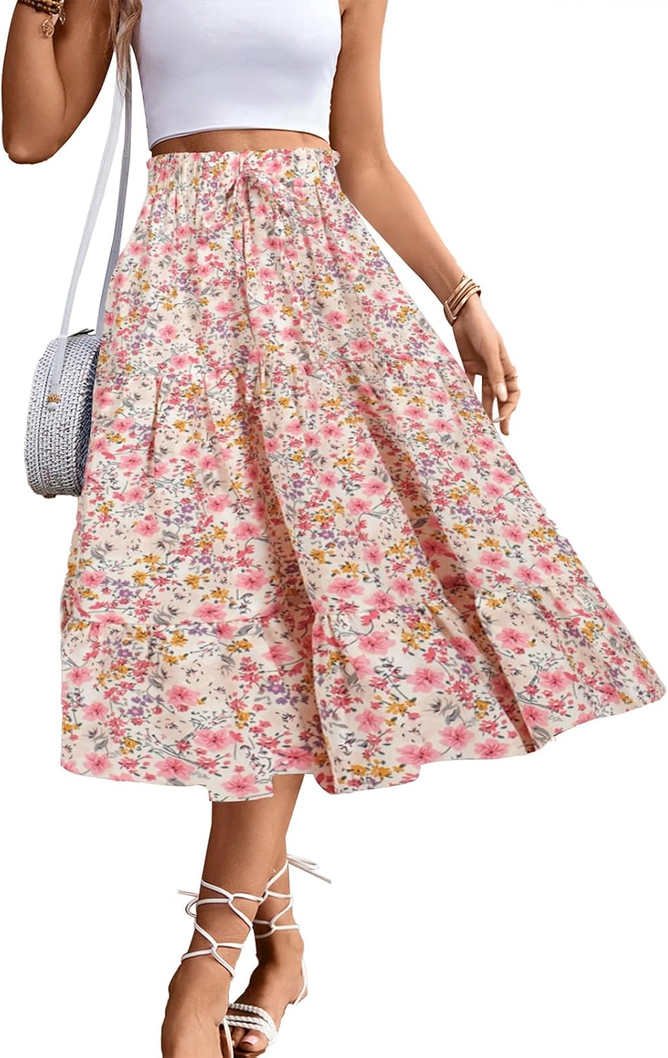 MSLG Women's High Elastic Waist Midi Skirt Casual Summer Trendy Tie Front Flowy Ruffle Floral Print A line Skirts 626 - Image 2