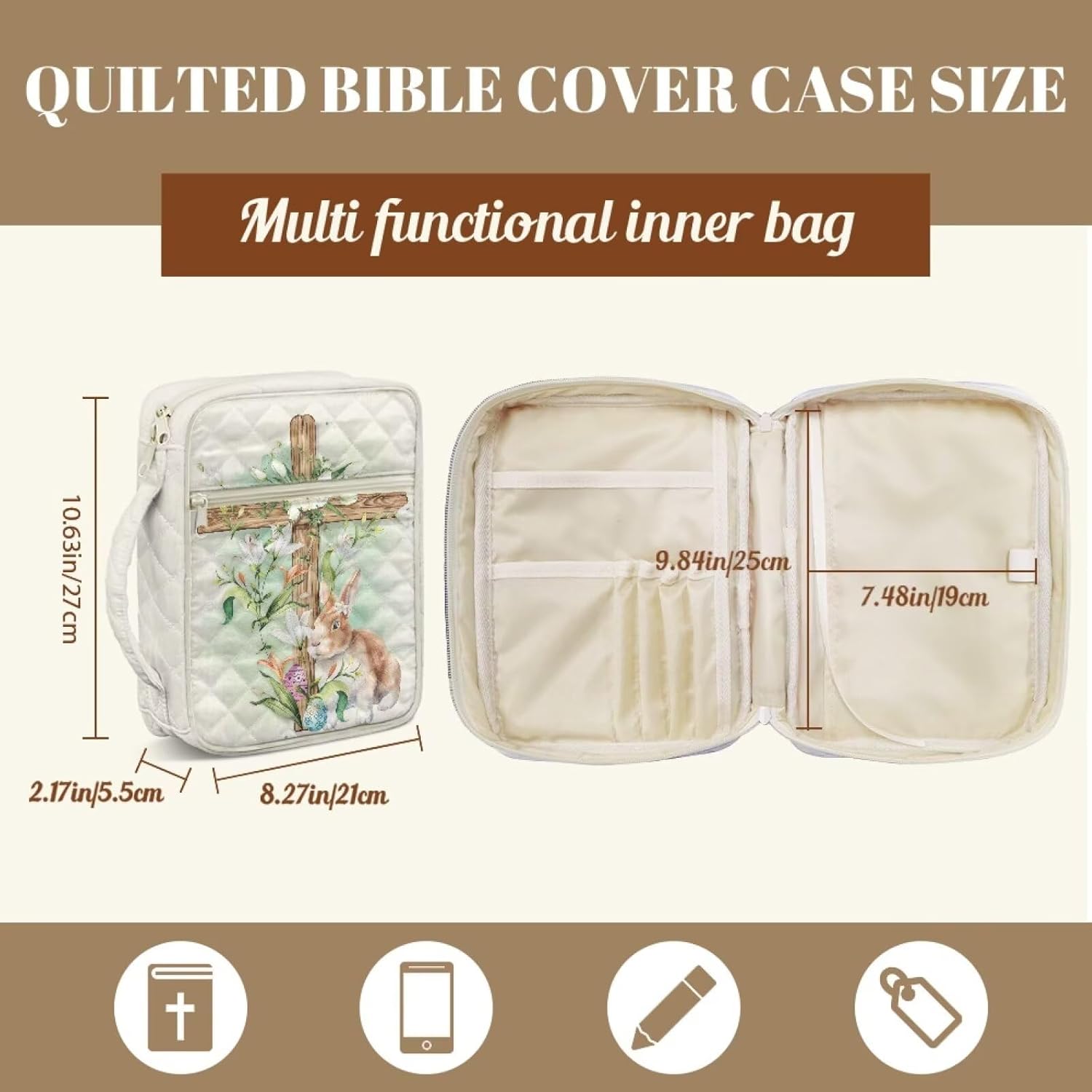 Lily Flower Bunny Cross Bible Cover Case for Women Large Quilted Carrying Case with Handle, Laminated Bible Book Tabs and Magnetic Bookmark