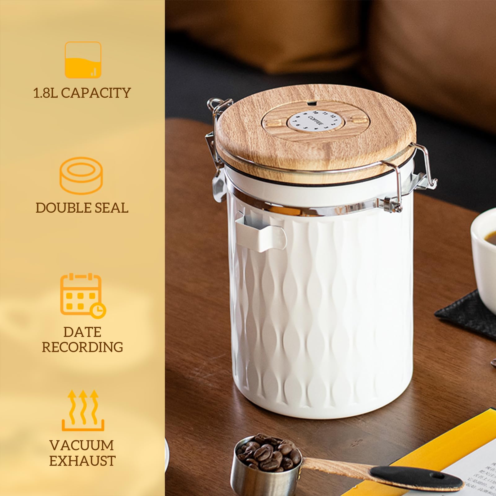 TEDSWAIT Kaffeedose mit versiegeltem freitragenden Deckel und Schaufel, luftdichter Edelstahlbehälter für die Küche, mit Datums-Tracker, 1,8 l (weiß)