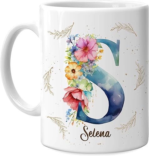 Hyturtle Taza de café personalizada con inicial con nombre, monograma de cumpleaños, regalos de Navidad para niñas y mujeres, letra S del alfabeto