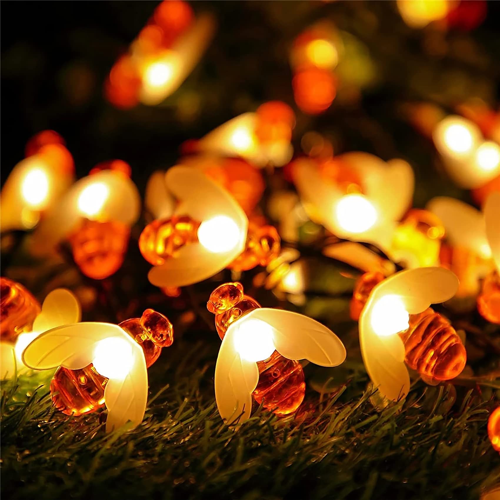 DINOWIN Honey Bees Lights, Bee String Lights 2M 20 LED Honey Bees Battery Power for Outdoor Garden Summer Party Wedding Xmas Decoration (Warm White)