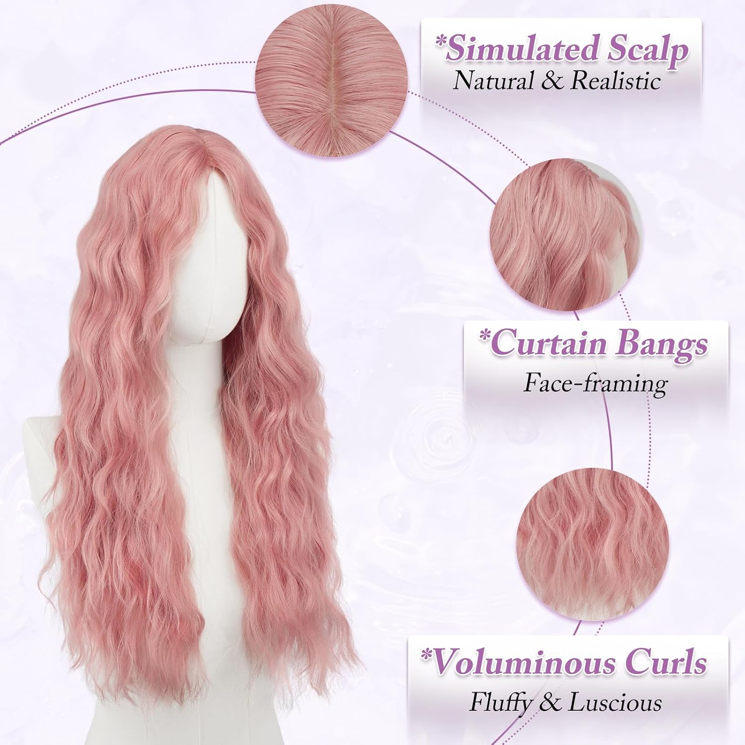 Haloo Pink Wigs with Curtain Bangs - 26 Inch Long Wavy Curly Middle Part Soft Natural Looking Synthetic Hair Wig for Women Daily Party Cosplay Costume Use