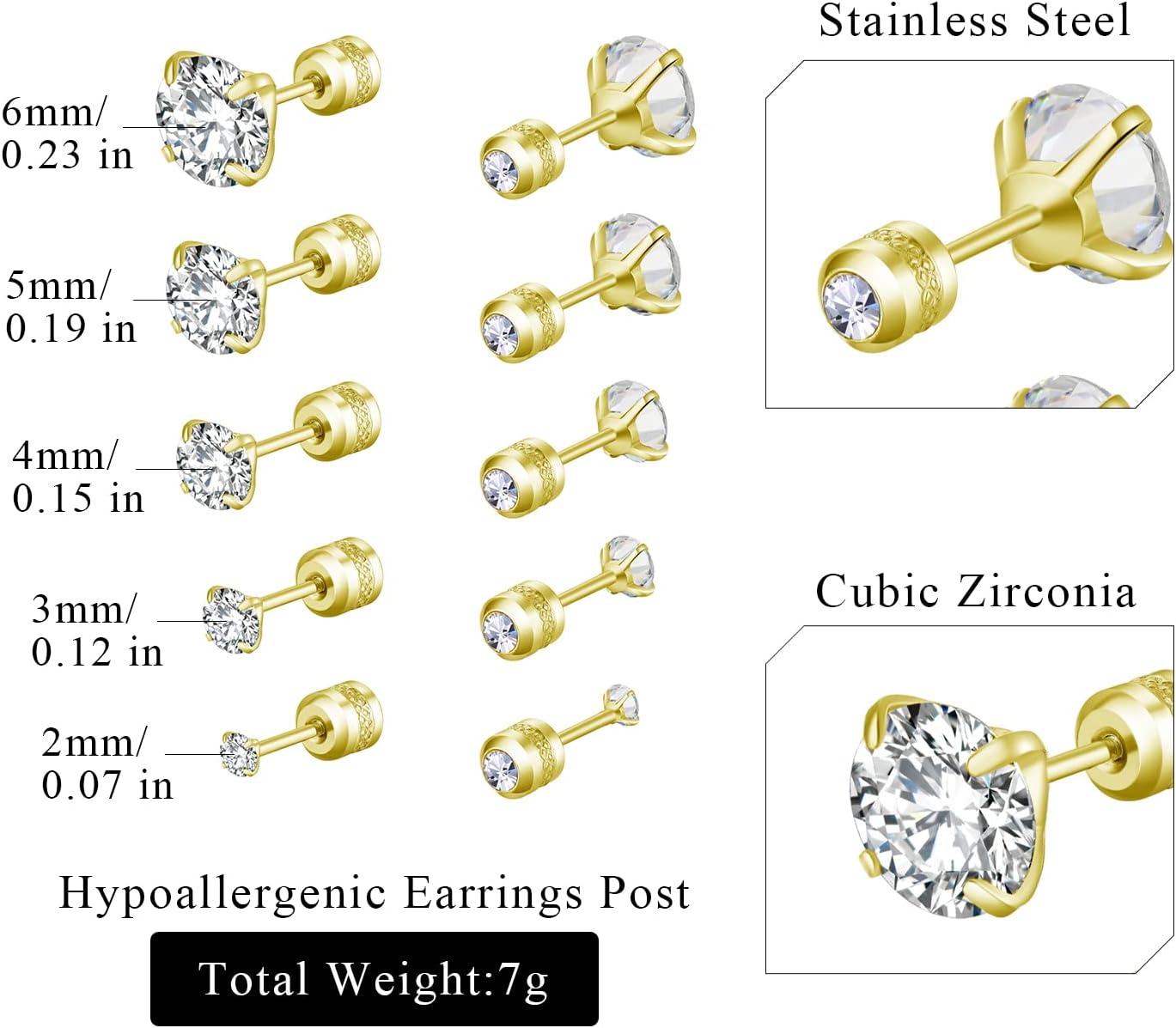 5 Pairs Stud Earrings Colorful Cubic Zirconia Stainless Steel Stud Earring Hypoallergenic Screw Back Earrings Double Side Piercing Earrings Gifts for Women Mother's Day - Image 6