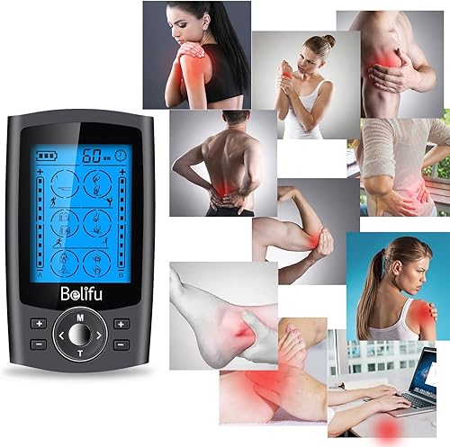 Miniatura 2 de Belifu Unidad TENS EMS de doble canal con 12 almohadillas, estimulador muscular de 24 modos, masajeador muscular electrónico de pulso para terapia