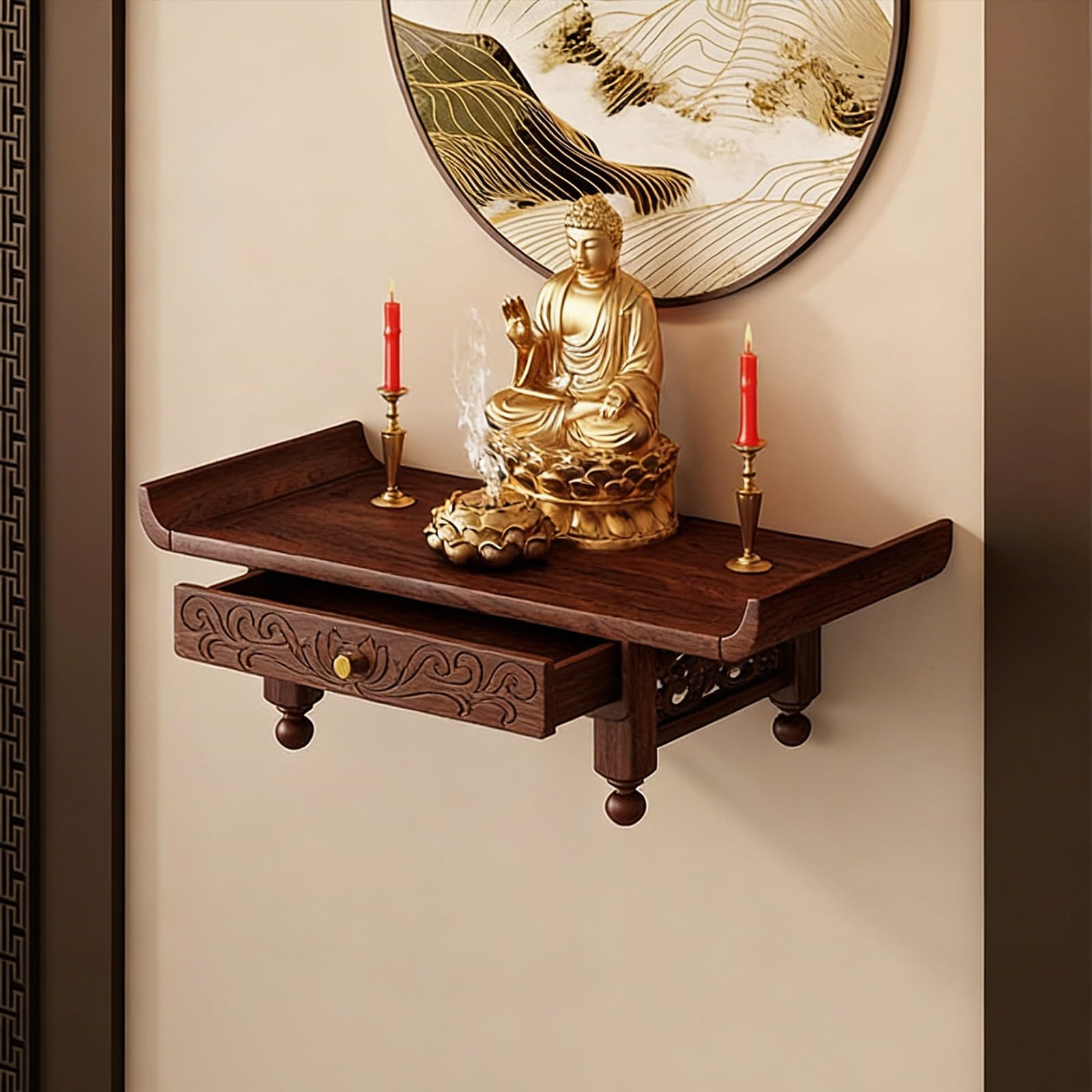 Soporte de pared para estatua de Buda tallado en madera maciza