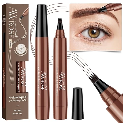 Miniatura 8 de AWROSE Lápiz de cejas, paquete de 2 plumas 3D impermeables de microblading con 4 puntas de tenedor, lápiz de tatuaje, pluma de cejas mágica natural