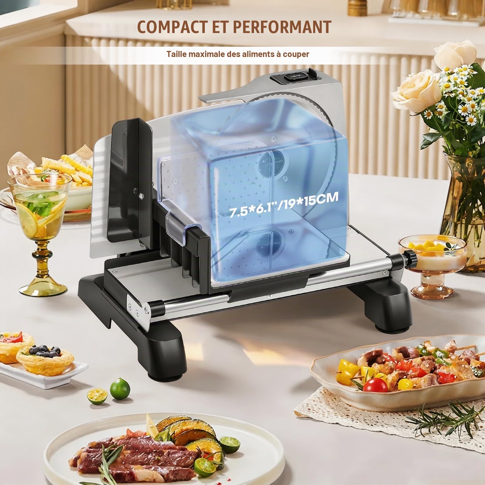 Moongiantgo Trancheuse Électrique, 19cm Lame*2, Epaisseur Réglage de 0-18mm | Amovible Lame en Acier Inox, 200W, Sécurité Enfant, pour Viande, Fromage, Pain, Jambon & Légumes, Domestique Usage