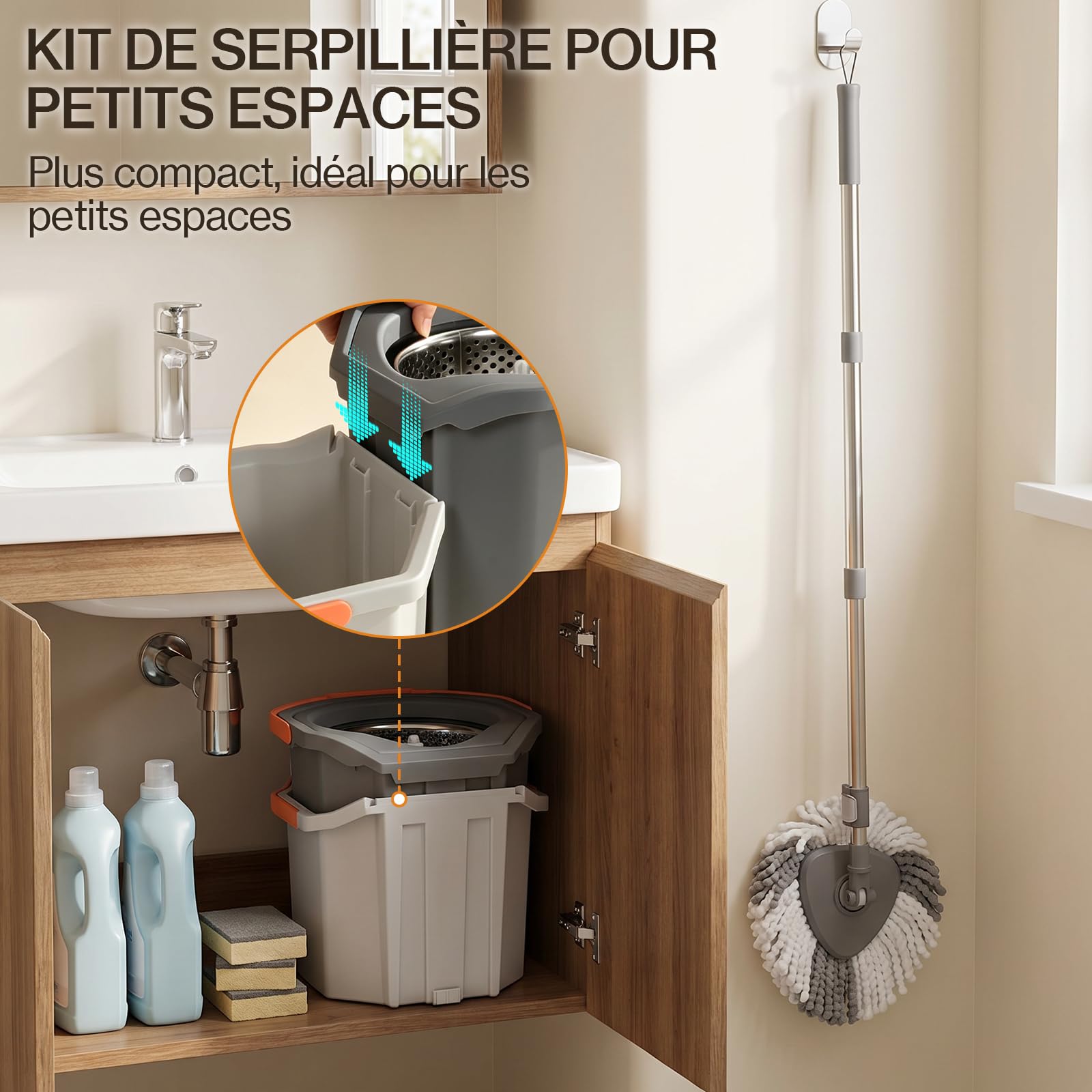 MASTERTOP Ensemble Balai Serpillère et Seau Essoreur - Eau Propre/Eau Sale | Essorage Par Pression, Manche Télescopique Réglable, Tête Rotative à 360° - 2 Housses Microfibres Lavables