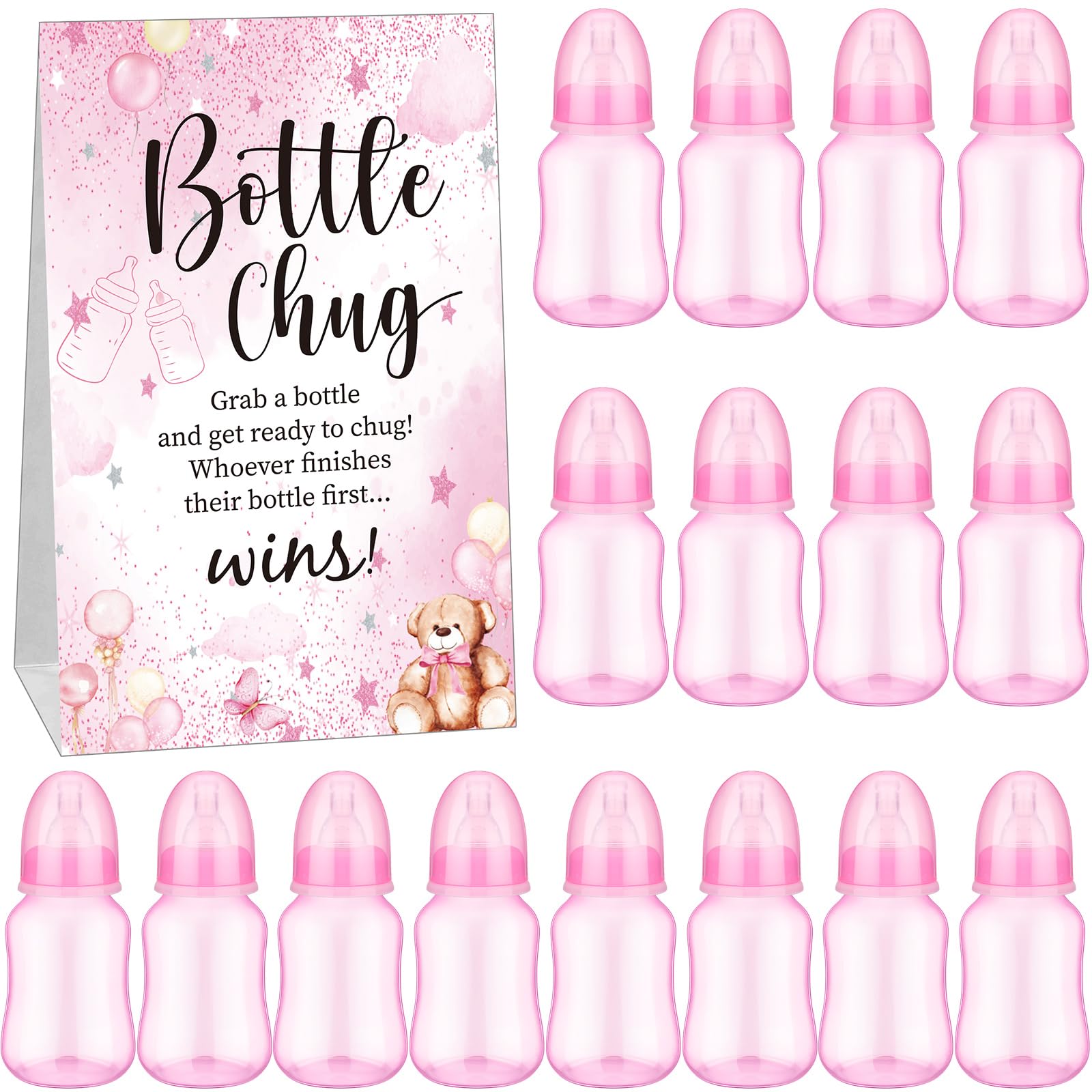 TrelaCo Bottle Chug Baby Shower Game 20 Pcs Baby Bottles Shower Favor with 1 Bear Theme Sign for Gender Reveal Party Supplies Gifts(Transparent Pink)